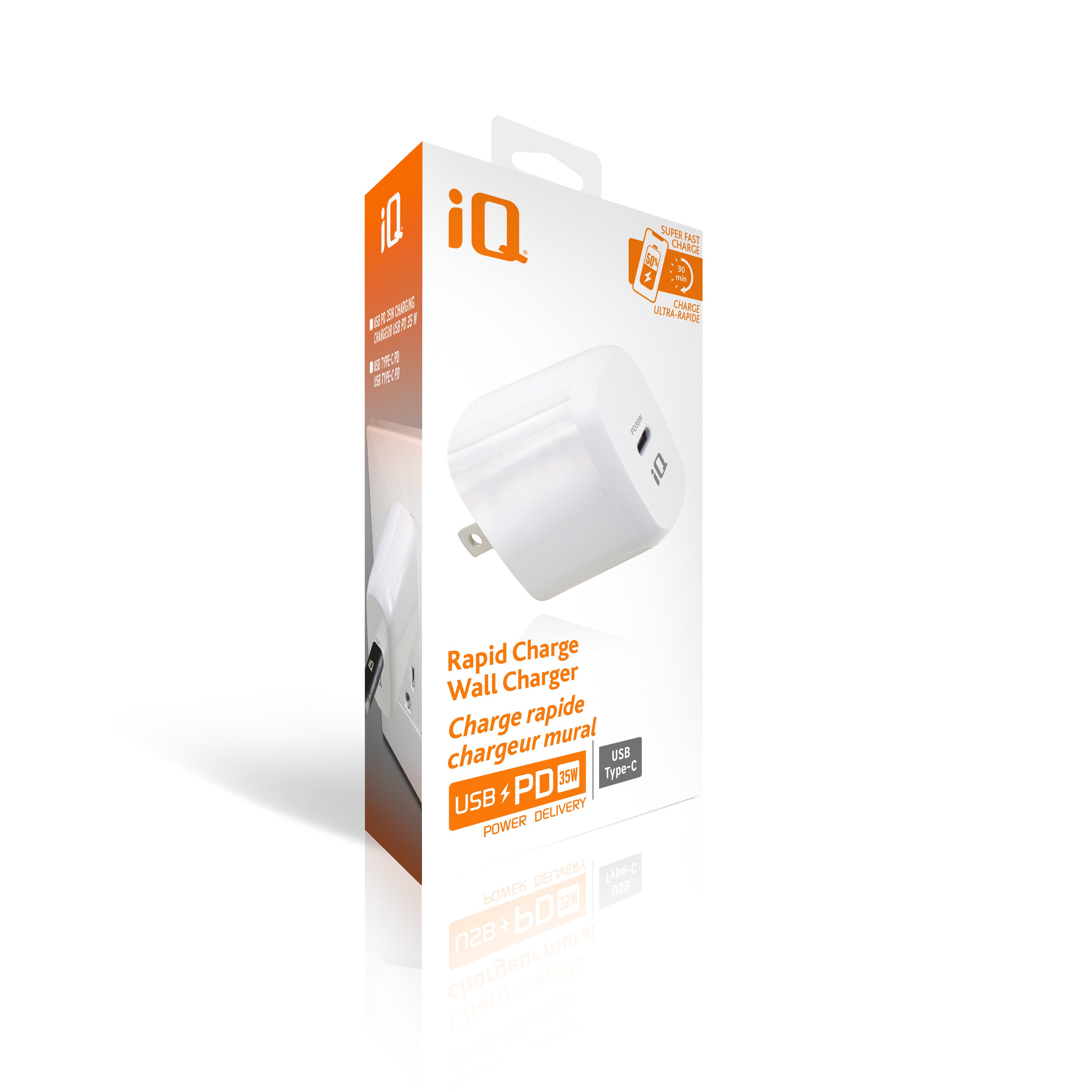 iQ USB PD 35W Rapid Charge Wall Charger, White, Fixed Prongs