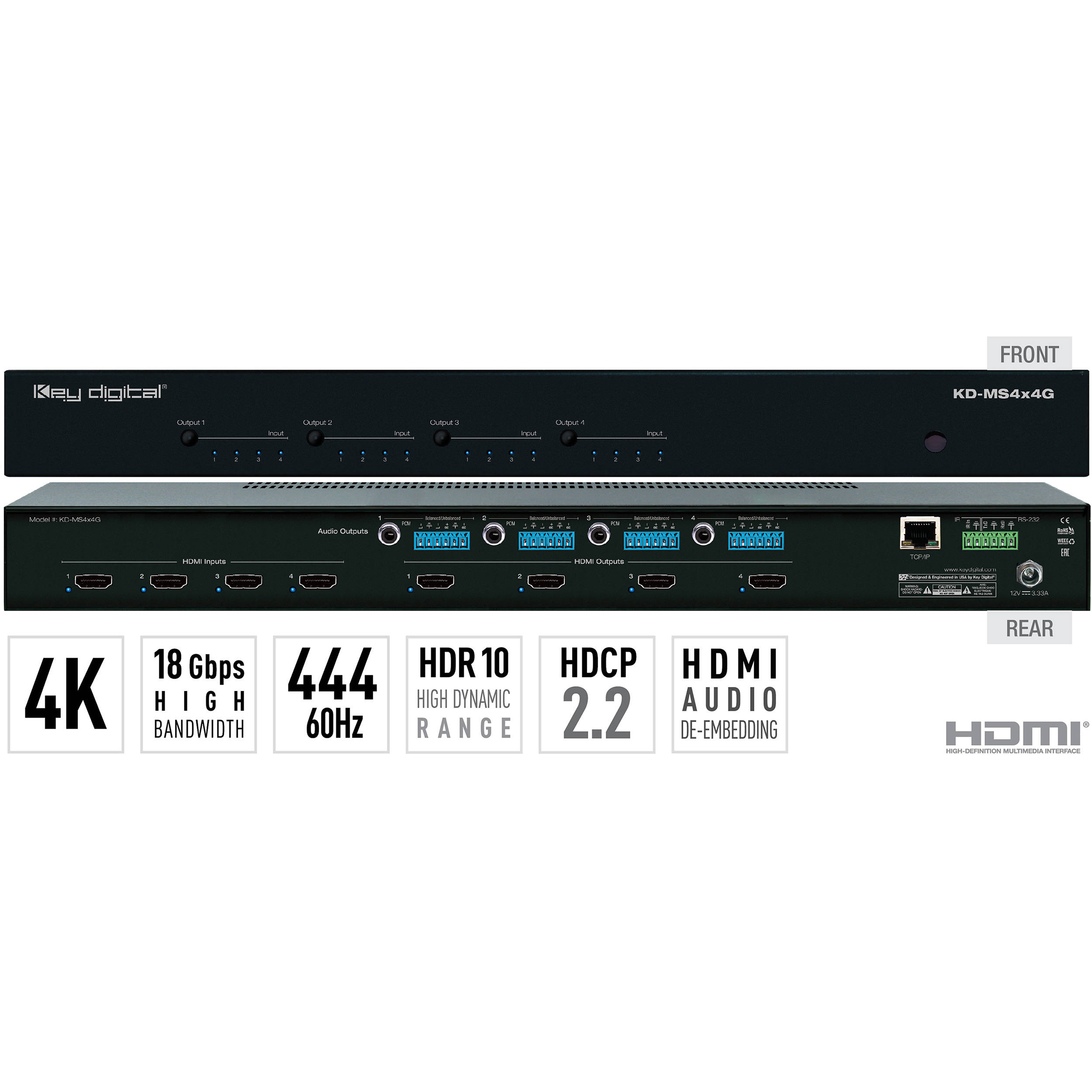 Key Digital 4x4 4K/18G HDMI Matrix Switcher