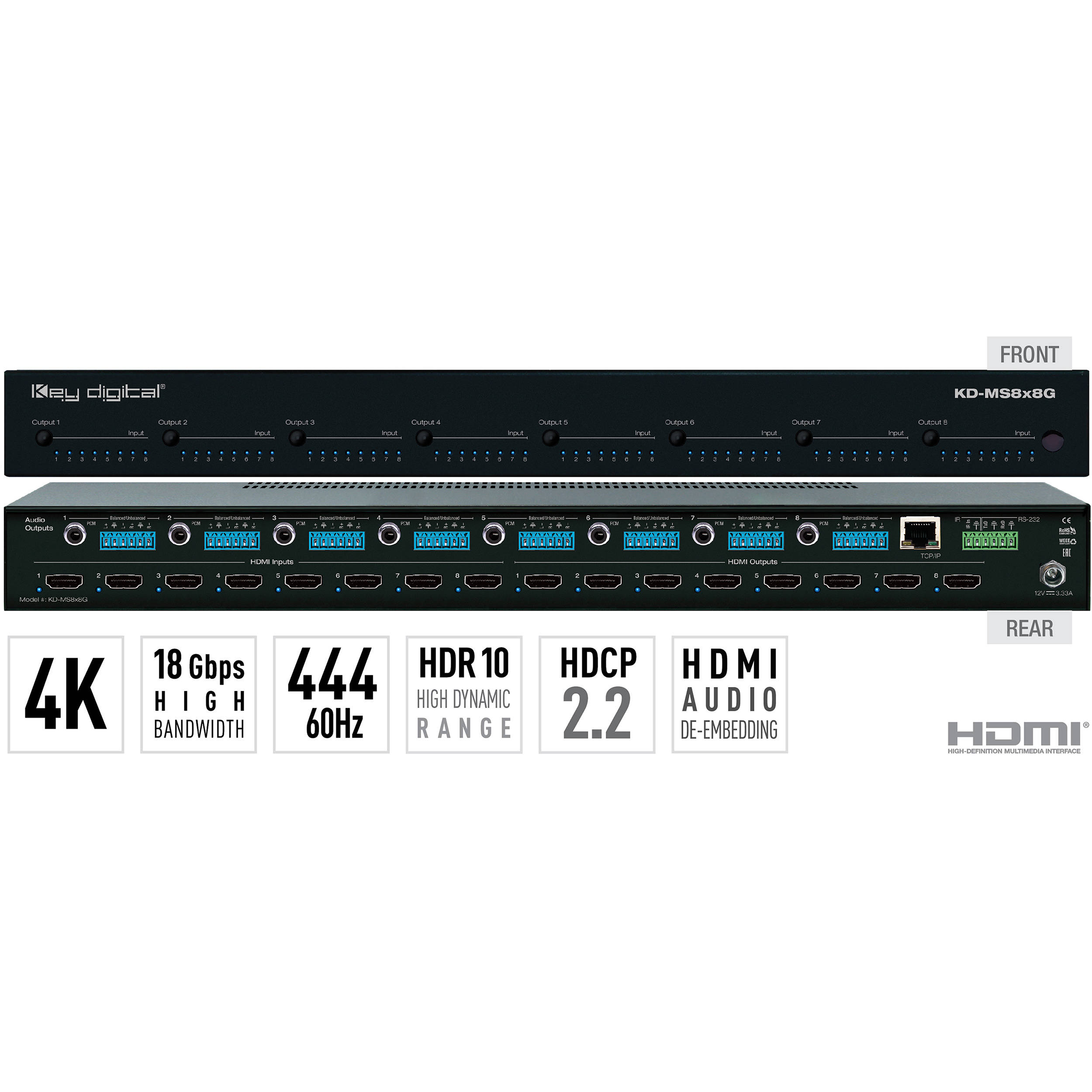 Key Digital 8x8 4K/18G HDMI Matrix Switcher