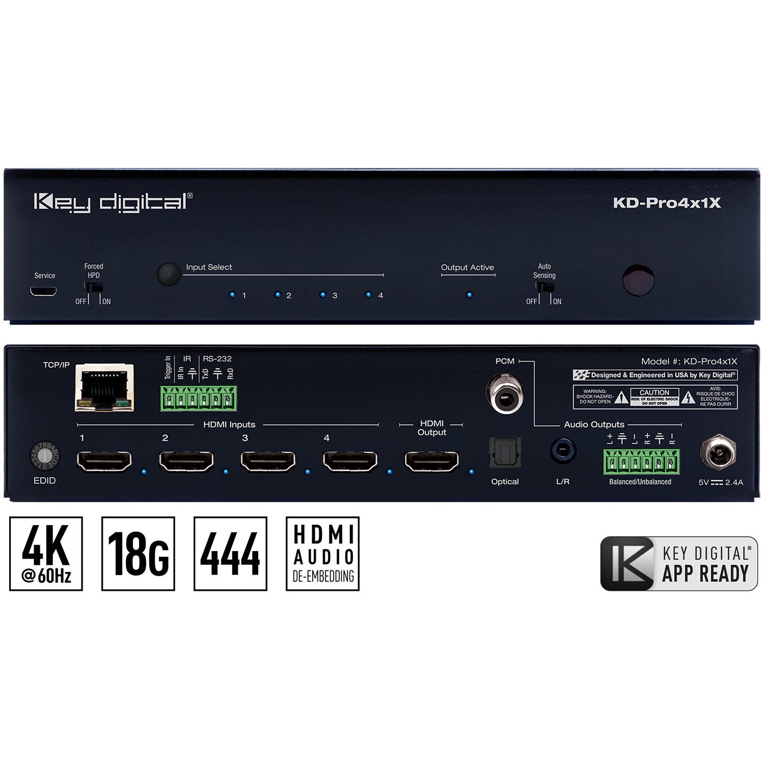Key Digital 4x1 4K/18G HDMI Switcher w/ Audio Out & IP Control 