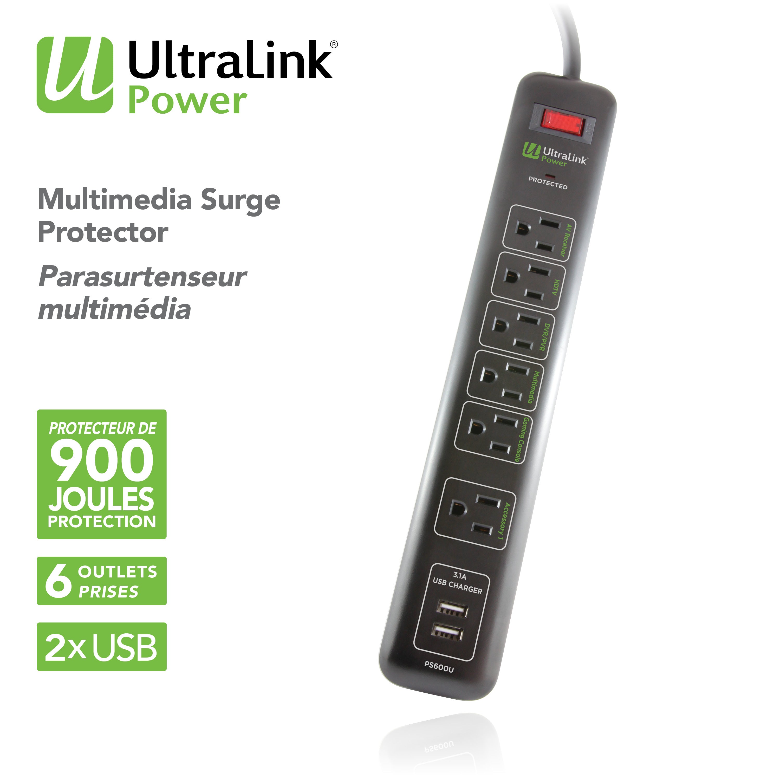 UltraLink Power: 6 Outlet 2 USB 3.1A Multimedia Surge Protector